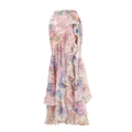Pink floral maxi skirt with layered ruffles and bohemian mesh panels in a flat lay view - One Size / Single Sarong Skirt
