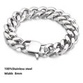 Detail view of 8mm wide 100% stainless steel silver Cuban link bracelet with clasp - Style 13-8mm High Polish Cuban Chain
