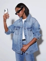 Oversized blue washed denim jacket for women featuring metal buttons and loose fit - S / Blue