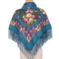 Ethnic style 90x90 printed square scarf in dark teal with floral patterns and tassels - Aqua Blue