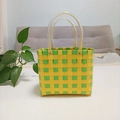 Handwoven summer bucket bag in vibrant yellow and green checkers with transparent handles - Small / Yellow-Green