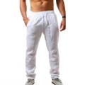 Men's loose casual white cotton linen pants with drawstring waist shown on white background - S / White