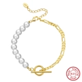 Elegant S925 sterling silver bracelet with 6mm freshwater pearls and golden OT buckle - Gold OT Buckle Patchwork (GPB06)