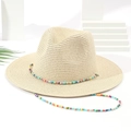 Cappello Panama in paglia beige con nastro di perline colorate e cordino estivo - M (56-58cm) / Beige