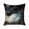 Detail of digital art print featuring sleeping white cat on soft square cushion cover - Night Sky Sleeping Cat