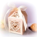 Laser-cut heart hollow wedding candy box in cream cardstock with sheer ribbon bow - Beige