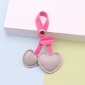 Pink and gray PU leather cherry keychain with golden metal stud and stylish heart charms - Rose Stem Grey Fruit