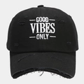 Detail of distressed black cotton baseball cap with white Good Vibes Only embroidery - Adjustable / Black