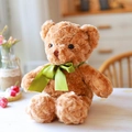 Soft brown plush teddy bear stuffed animal with a bright green silk ribbon bow tie - 30 cm / Brown