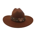 Vintage dark brown felt fedora hat featuring a western bronze heart buckle and rhinestones - Coffee