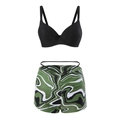 Three-piece bikini set with black top and green marble print high-waisted bottom - S / Water Ripple / 2-Piece Bikini