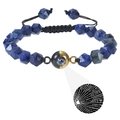 Detail of blue faceted beads and projection stone showing I Love You in 100 languages - Lapis Lazuli