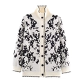 Women's loose stand collar knit cardigan with black and white jacquard pattern - S / White With Black Flowers