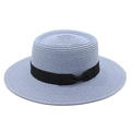 Detail of light blue boater straw hat featuring a fine weave and black ribbon bow - M (56-58cm) / Sky Blue