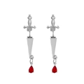 Gothic sword earrings in silver finish featuring red teardrop gemstones - Antique Silver / Red Drop Gem