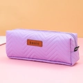 Lavender purple quilted pencil case with wave pattern and brown leather basic label - Chevron Quilted / Quilted Purple