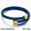 Blue twisted steel cable bangle with gold cylinder end caps in 58mm diameter - Blue Gold