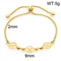 Gold stainless steel bracelet with three hollow clover charms and 2mm adjustable chain - Four Leaf Clover Gold (KB170807-Z)