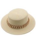 Detail of flat top beige boater hat with fine weave and thick gold chain decoration - M (56-58cm) / Beige Style (11)