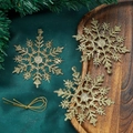 Close-up of golden glitter snowflake ornaments and string on a festive green background - 10cm / Gold