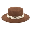Detailed view of dark brown straw hat with elegant triple-row pearl decorative band - M (56-58cm) / Coffee