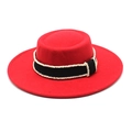 Elegant red wool felt boater hat featuring a black ribbon band with white pearl accents - Red