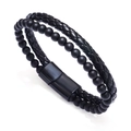 Men's double-layer braided PU leather and matte black beaded bracelet with magnetic clasp - Matte Black-19CM