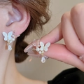 Elegant butterfly drop earrings with white mother-of-pearl, pearls and teardrop zircons - White Pink Butterfly (10#)