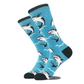Chaussettes bleues à motifs de requins blancs avec finitions noires sur fond blanc pur - Taille unique / Requin Bleu