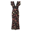 Elegantes schwarzes Maxikleid mit Blumenmuster, V-Ausschnitt und Spitzenbesatz - S / Schwarz Geblümt