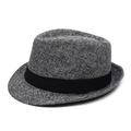 Classic dark grey fedora hat with black ribbon band and woven texture on white background - One Size / Dark Gray
