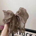 Brown chiffon ribbon hair clip with delicate white pearls for elegant hairstyles - Oversized Bow / Brown