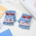 Kids light blue convertible knitted mittens with cute 3D cartoon elk design - 3-7 Years / Fox-Blue