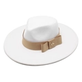 Detail of white wool fedora hat with khaki ribbon and golden bee metal buckle - M (56-58cm) / White