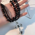Y2K gothic multi-layer black bead and silver cross pendant necklace for women - Multi-Layer Necklace X3994B