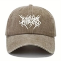 Vintage washed cotton baseball cap in khaki with gothic white logo design for outdoor use - Dark Khaki