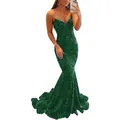 Elegant green sequined mermaid evening gown with a deep V-neck and slim fit silhouette - US size 2 (S) / Bottoms / Green