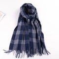Écharpe en cachemire à carreaux bleu marine et blanc avec franges douces pour l'hiver - Bleu