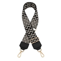 Adjustable wide canvas shoulder strap with black and white geometric diamond pattern - Silver Clasp / Black and Beige Wave with Black Leather