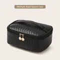 Midnight black woven PU leather cosmetic bag with gold zippers and top handle - Square Bag / Midnight Black