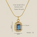 18K gold plated stainless steel necklace with blue zircon rectangle pendant charm - Square / Blue