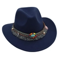 Detail of ethnic hat band featuring turquoise bead, wooden accents and grey tassels - Navy Blue