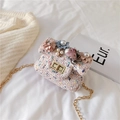Pink tweed mini crossbody bag for girls featuring floral pearl charms and gold chain strap - Flower Style / Pink