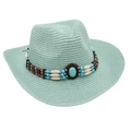 Detail of mint green straw cowboy hat with bohemian turquoise stone and wooden bead band - Mint Green