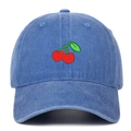 Close-up of red cherry embroidery on vintage washed blue cotton baseball cap - Light Blue