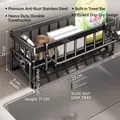 Black stainless steel kitchen sink caddy with towel bar, size 23x9x11cm for sponge storage - Classic Style-With Rod / Matte Black