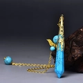 Hexagonal turquoise pendant with gold filigree cap and beaded chain necklace - Gold Turquoise