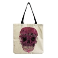 Detail of artistic skull and cherry blossom print on beige canvas tote bag - Purple Skull with Flowers and Dead Wood Art Print (hm6669)