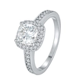 Square cut moissanite ring with halo and side stones in platinum plated silver finish - US 5 / White Gold / Silver-Plated Copper / Moissanite (Loose Item)