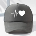 Detail of dark grey trucker hat with white heartbeat heart print and breathable mesh back - One Size / Dark Gray